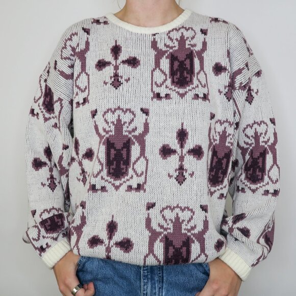 Vintage 80s Geometric Abstract Purple Sweater - Picture 2 of 6